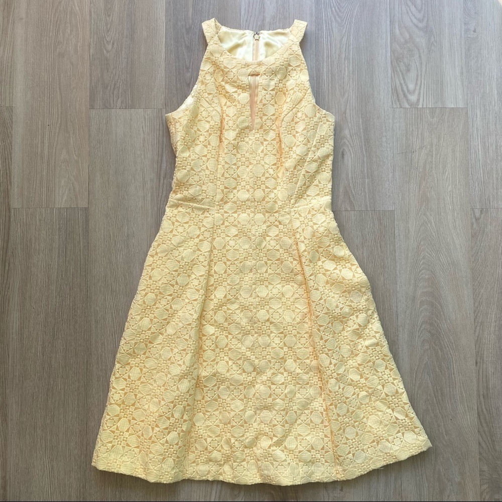 White House Black Market Yellow Lace/ Crochet Dress Keyhole Pleated